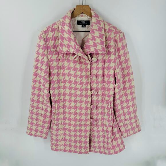 Coffee Shop Pink Cream Houndstooth Wool Blend Coat Off Center Buttons Size XL - Picture 1 of 7